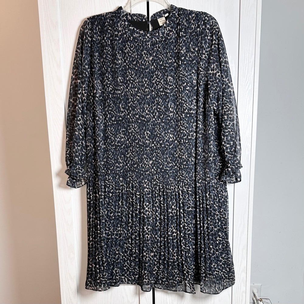 Anthropologie Seen‎ Worn Kept Rian Leopard Pleated Swing Dress Navy Grey US 8 - Picture 2 of 8
